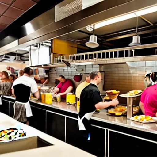 Image similar to busy wafflehouse interior with customers eating breakfast and wafflehouse employees serving food and cooking behind countertop