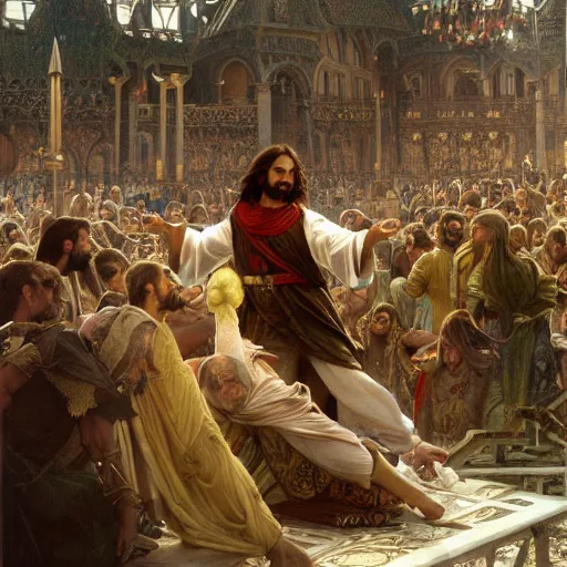 Image similar to a detailed picture of jesus throwing the merchants out of the temple, thrown tables, scattered gold coins, fleeing merchants, fantasy, intricate, elegant, highly detailed, digital painting, artstation, matte, sharp focus, illustration, art by john collier and albert aublet and krenz cushart and artem demura and alphonse mucha