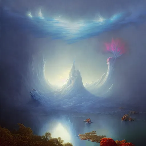 Prompt: Hyper detailed painting, smoke on the water a fire in the sky, fantasy epic painting of vibrant beauty by Benoit B. Mandelbrot, Martin Johnson Heade, Lee Madgwick, and Caspar David Friedrich, 4k,Trending on artstation - H 1024