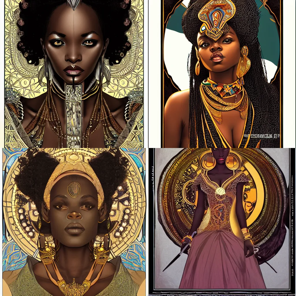 Prompt: black african princess, symmetric, intricate, highly detailed, concept art, sharp focus, illustration, rutkowski, mucha, argterm