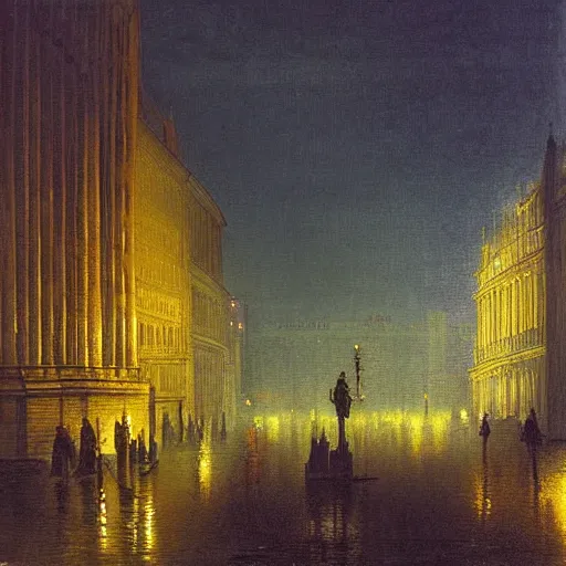 Prompt: city, night, dramatic light, oil painting, by caspar david friedrich