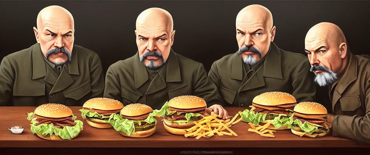 Prompt: portrait of lenin and stalin eating hamburgers, extra onions and ketchup, luscious patty with sesame seeds, ethereal, holy sacred light rays, handsome, D&D, fantasy, intricate, elegant, highly detailed, digital painting, artstation, concept art, matte, sharp focus, illustration, art by Artgerm and Greg Rutkowski and Alphonse Mucha