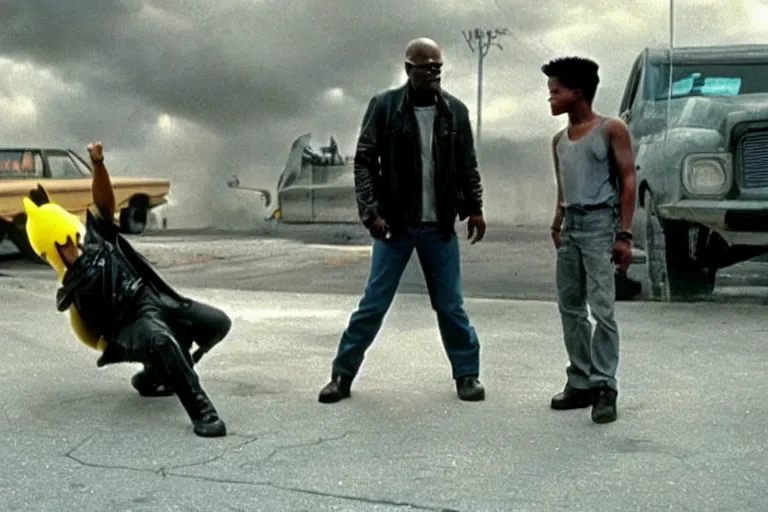 Image similar to Samuel L. Jackson plays Terminator and saves pikachu, scene from the film
