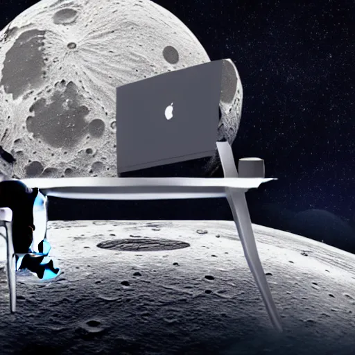 Prompt: 3 d, ultra realism, extra detail, back of a man sitting on his chair with a desk and his futuristic laptop, on the moon, with the universe in the background by stan lee