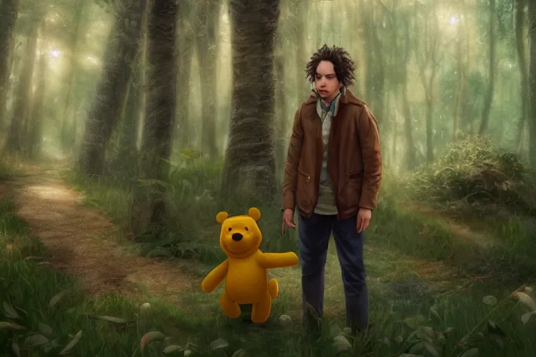 Prompt: adult frank dillane exploring the woods with winnie the pooh, beautiful, grand, wistful, digital painting, extremely detailed, sharp focus, bright colors, octopath traveler, unreal engine 5 highly rendered, global illumination, radiant light, highly detailed face