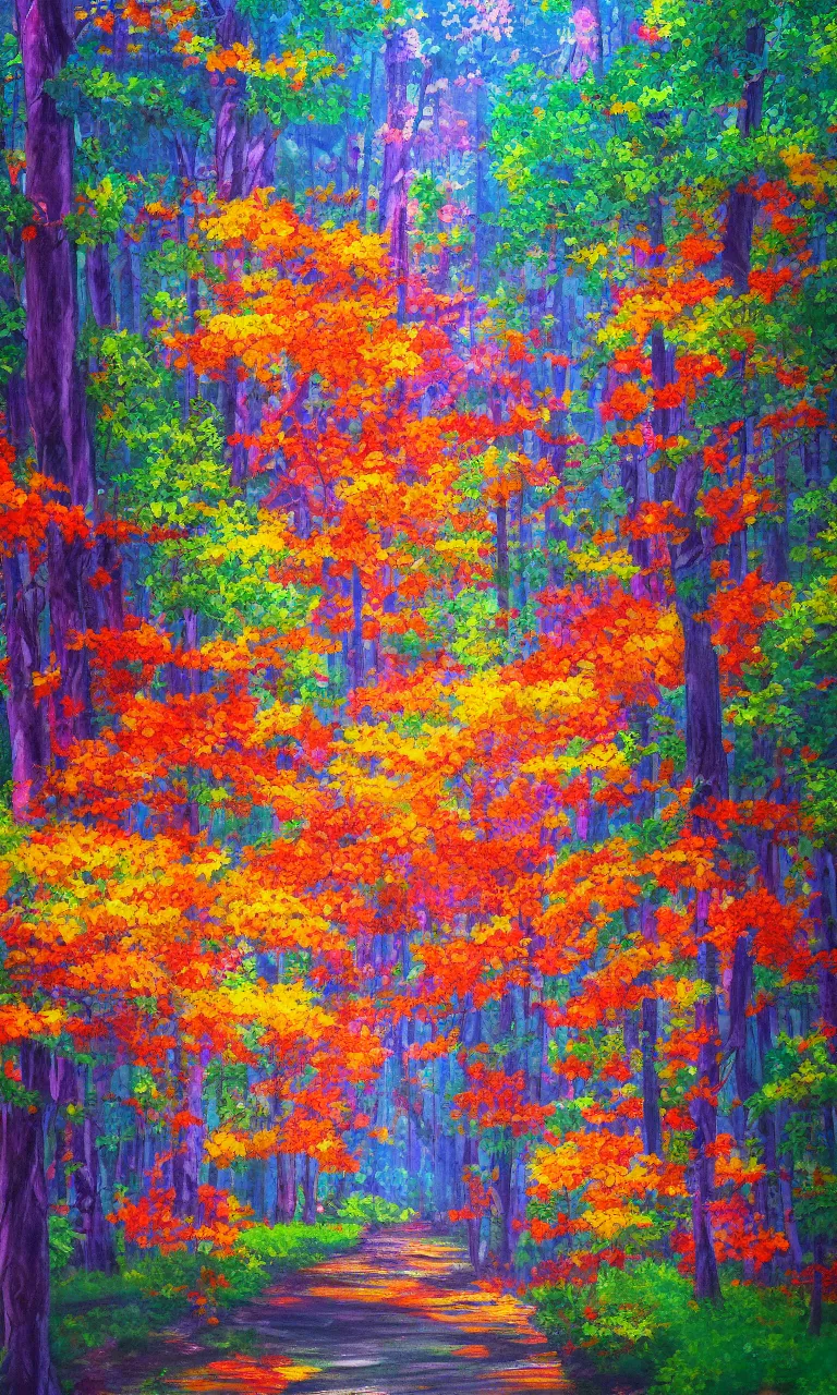 Image similar to a detailed painting in the style of anime of a colorful forest