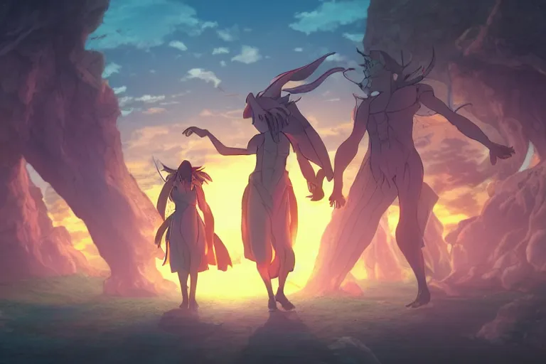 Prompt: cell shaded key visual of a group demons emerging from a portal, dramatic lighting, in the style of studio ghibli, moebius, makoto shinkai,