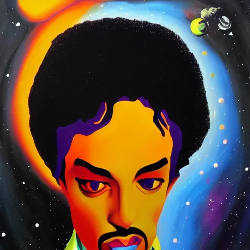 Prompt: a painting of prince in space in the style of dali. trending on artstation.