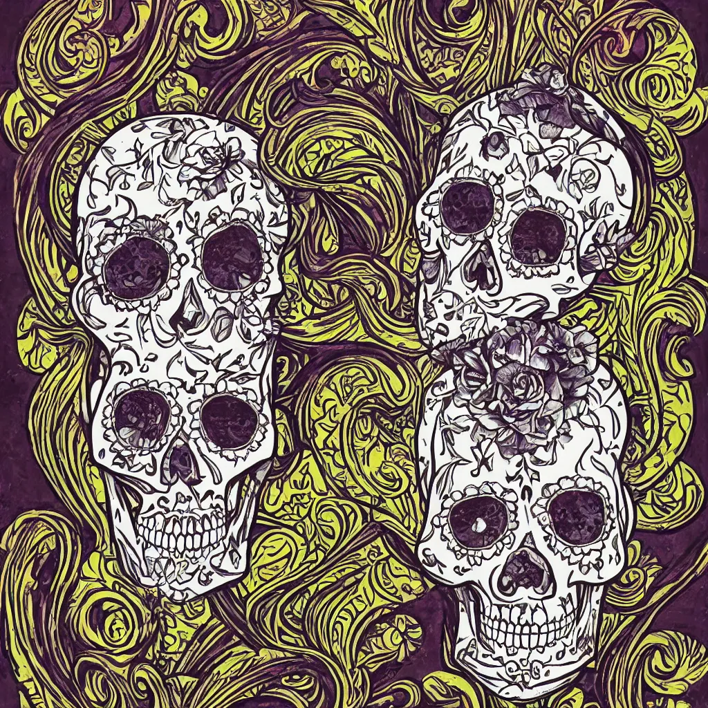 Prompt: art nouveau day of the dead skull, 4k, acid