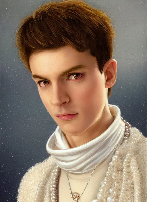 Prompt: close-up portrait of young white male wizard, with short white hairstyle, with pearl necklace and pearl earing, in the museum, in white turtleneck shirt, painting in the museum, highly detailed, sharp focus, digital painting, artwork by Kinkade, by Victor Adame Minguez by Yuumei by Tom Lovell by Sandro Botticelli