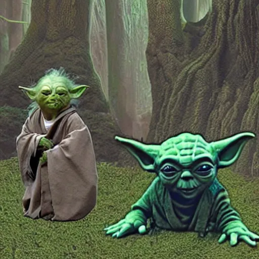 Image similar to Yoda surrounded by other members of his species