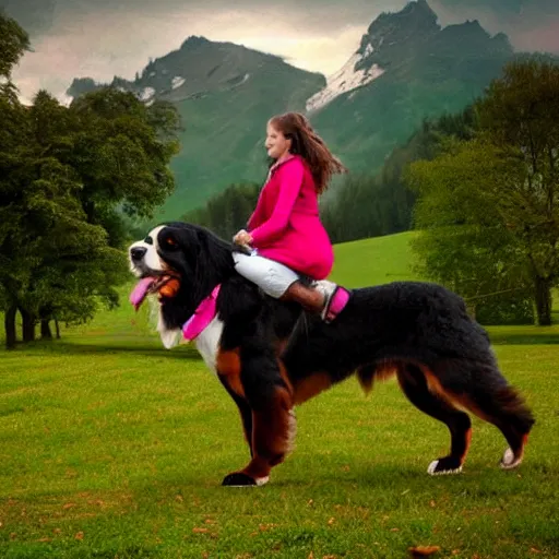 Image similar to girl riding giant Bernese Mountain Dog in the park, trending on artstation