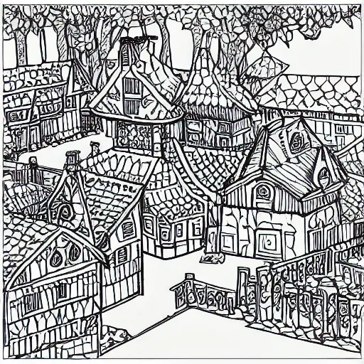 Prompt: an adult coloring book page of a fantasy village