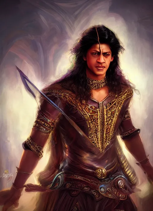 Prompt: Beautiful young shahrukh khan, portrait, fantasy, medieval, vivid colors, fantasy, elegant, concept art, sharp focus, beautiful face, digital art, Hyper-realistic, 4K, Unreal Engine, Highly Detailed, HD, Dramatic Lighting by Brom, trending on Artstation