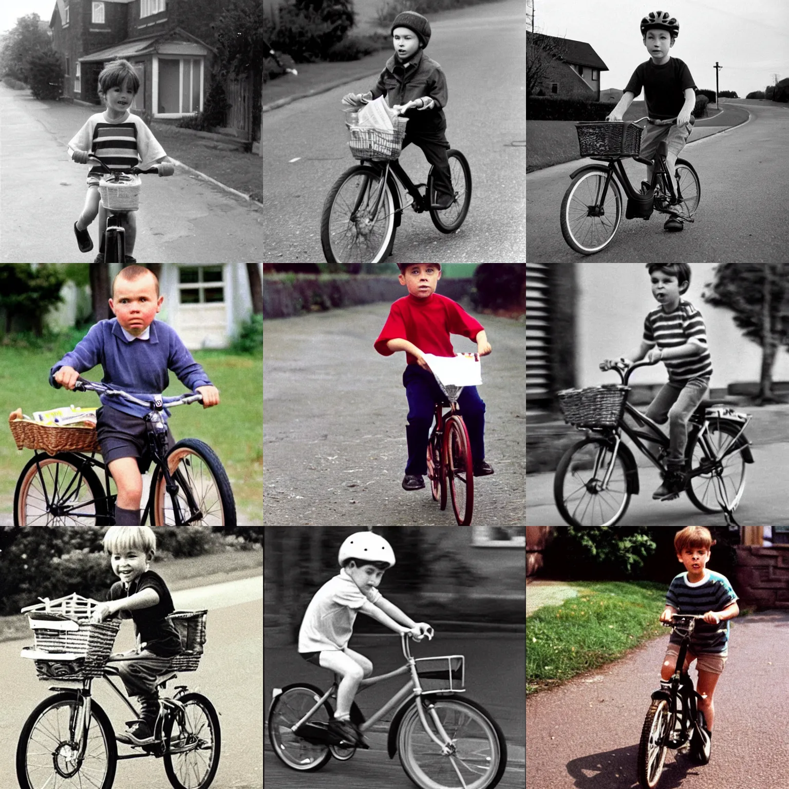 Prompt: karl pilkington as a boy on his bike delivering newspapers, 1 9 8 7