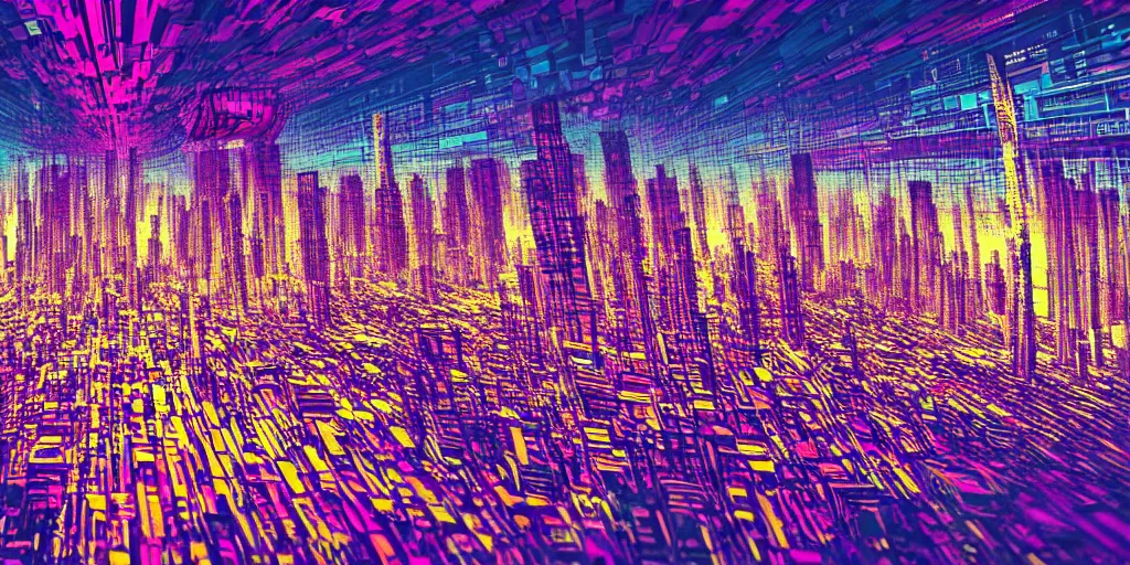 Prompt: glitchy city, huge cityscape, glitch art, digital art