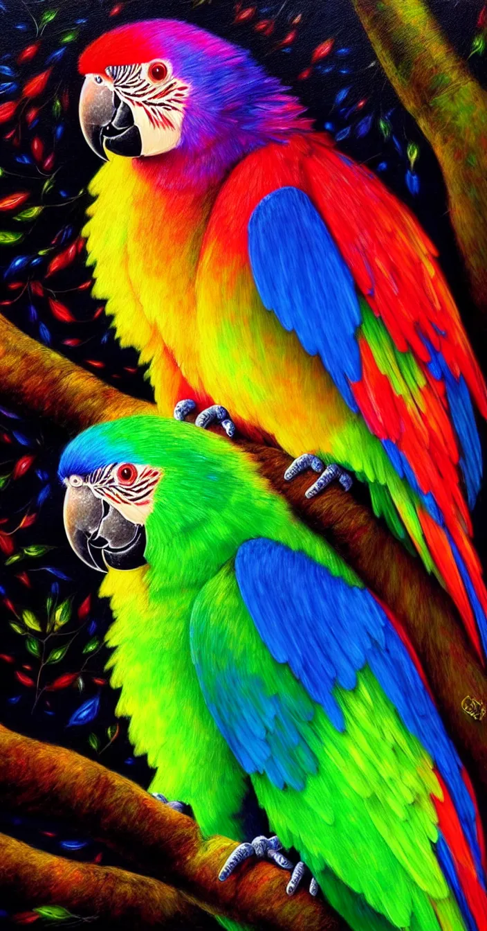 Image similar to realistic photo of colorful glowing parrot sitting on tree at dark night, very sharp focus, very hyper realistic, art of greg rutsowski, highly detailed, fantasy art station