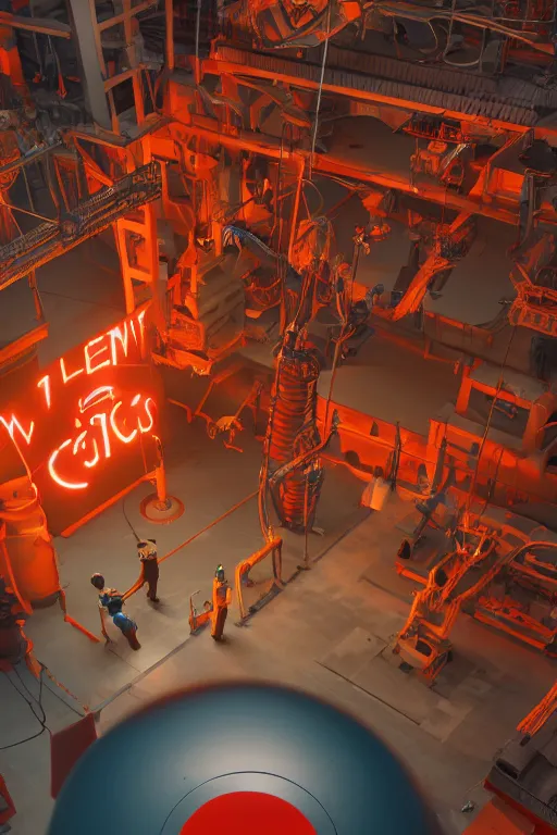 Image similar to top - view of workers / mechanic working on mickey mouse giant head, big red glowing netflix logo in behind wall, low cinematic lighting, front lit, beeple, cgsociety, unreal engine, octane render, trending on art station, highly detailed 4 k art, intricate, hyperr realistic