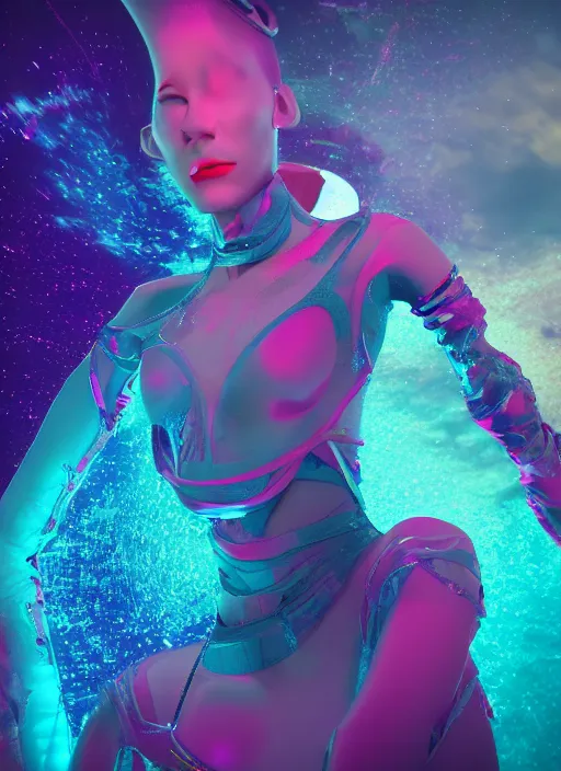 Image similar to photography of a futuristic space ballerina, in an colorful alien planet, ultra detail, beautiful light, high detail, 8 k, f / 2. 8, octane render