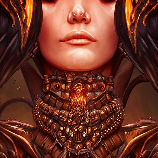 Prompt: Closeup of realistic Sumerian Death Queen with small bones covering vest and flowing fire and smoke , fantasy, intricate, elegant, highly detailed, digital painting, artstation, concept art, matte, sharp focus, illustration, hearthstone, art by Artgerm and Greg Rutkowski and peter mordenbacher