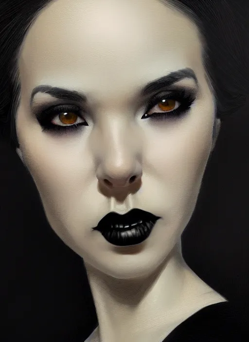 Prompt: portrait of a short woman with a crooked nose and a confident expression, 1 9 6 0 s, black clothes, goth, punk, funk, intricate, elegant, highly detailed, digital painting, artstation, concept art, smooth, sharp focus, illustration, art by wlop, mars ravelo and greg rutkowski
