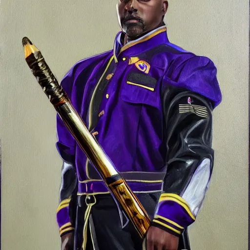 Image similar to full body portrait of saber from fate as the dictator of the los angeles lakers in full military garb, oil on canvas by william sidney mount, trending on artstation