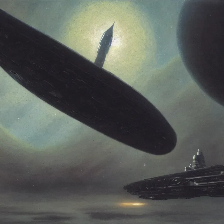 Image similar to a spaceship in low atmosphere, scifi concept art, by carl gustav carus, by john harris