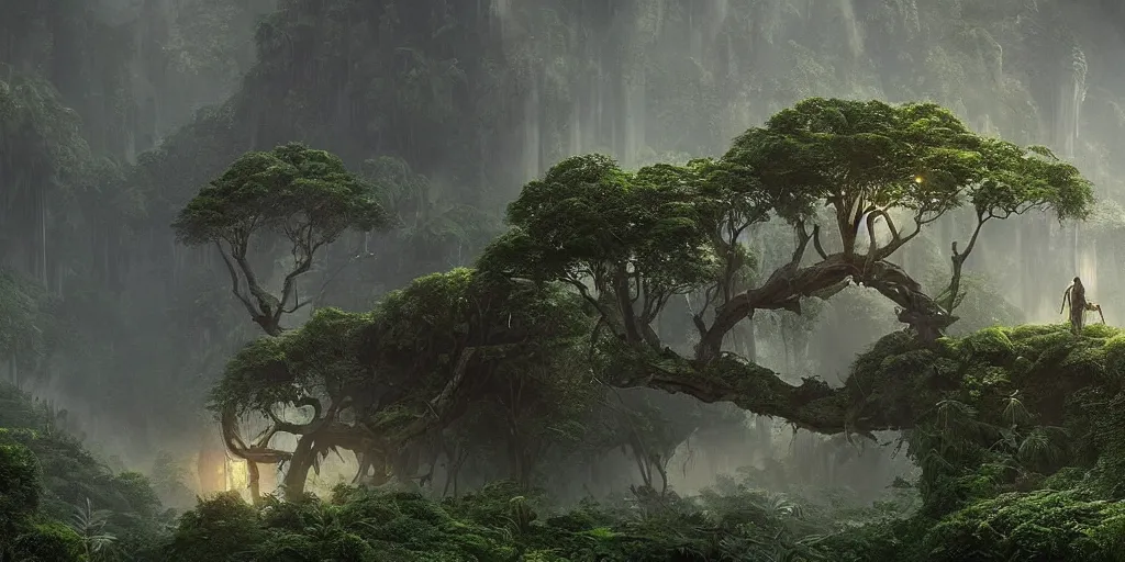 Prompt: screenshot from a movie, epic matte painting of a jungle, cinematic cinematography masterpiece, greg rutkowski, and ivan aivazovski, roger deakins