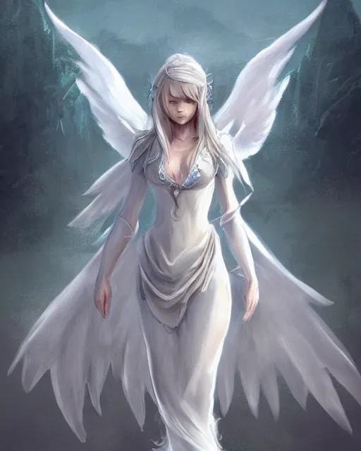 Image similar to infinitely detailed concept art of angel elegantly clothed strolling through a peaceful path, artstation!! / pixiv!!! infinitely detailed