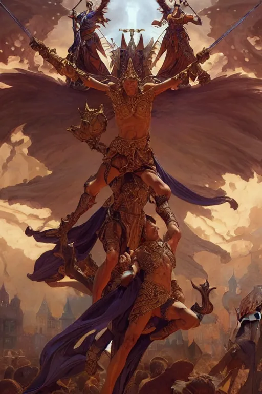 Image similar to epic battle between human warriors mages and demons, cathedrals and abbeys, fullbody!! dynamic action pose, religious, intricate, elegant, highly detailed, digital painting, artstation, concept art, smooth, sharp focus, illustration, art by artgerm and greg rutkowski and alphonse mucha