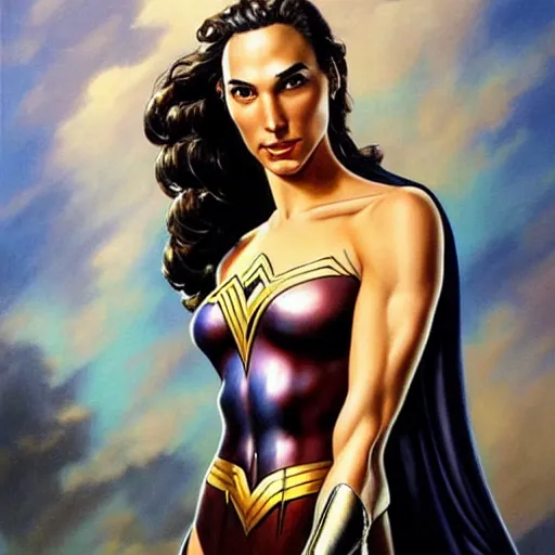Prompt: a striking hyper real painting of Gal Gadot by boris vallejo.
