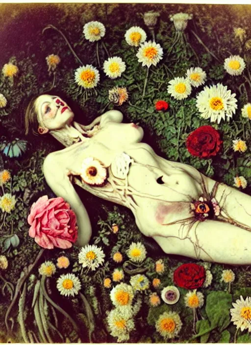 Image similar to beautiful and detailed rotten woman corpse made of plants and many types of stylized flowers like carnation, daisy, chrysanthemum, anemone, roses and tulips, intricate, surreal, john constable, gustave courbet, caravaggio, romero ressendi, bruno walpoth 1 9 1 0 polaroid photo