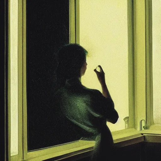 Image similar to silhouette of a woman gazing out her hotel window at the rain, extremely detailed masterpiece, oil on canvas, low-key neon lighting, in the world of Andrew Wyeth, artstation, by J. C. Leyendecker and Peter Paul Rubens,