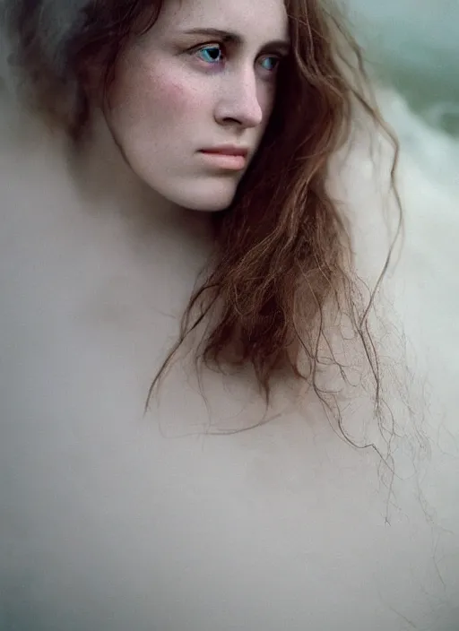 Image similar to Kodak Portra 400, 8K, soft light, volumetric lighting, highly detailed, britt marling style 3/4 ,portrait photo Close-up portrait photography of a beautiful woman how pre-Raphaelites, the face emerges from Pamukkale, thermal waters flowing down white travertine terraces, inspired by Ophelia paint ,and hair are intricate with highly detailed realistic beautiful flowers , Realistic, Refined, Highly Detailed, interstellar outdoor soft pastel lighting colors scheme, outdoor fine art photography, Hyper realistic, photo realistic