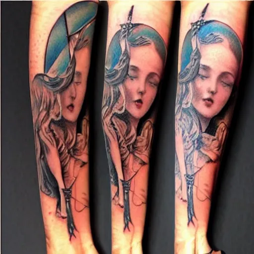 Image similar to beautiful thin wan angelic goddess in the style of fernand khnopff and lucien levy - dhurmer, tattoo on arm, detailed beautiful tattoo