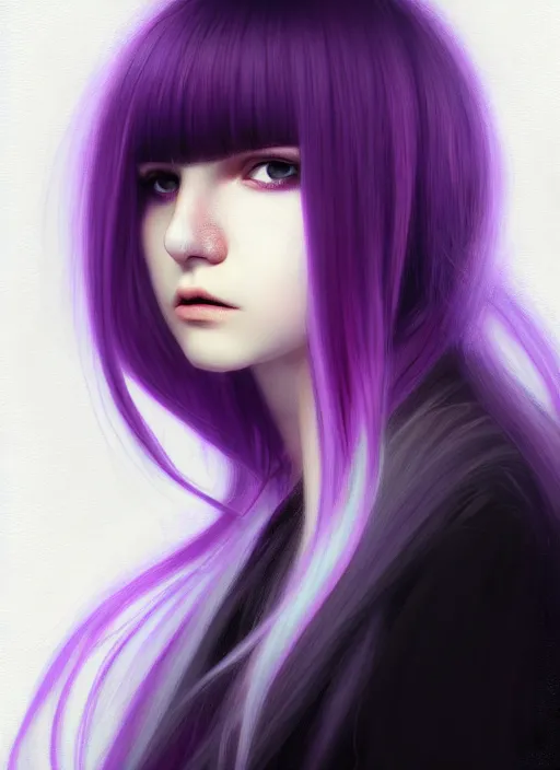 Image similar to hair whitebangs hair, black hair, whitebangs, portrait of teenage girl with white bangs, red irises, purple clothes, white bangs, bangs are different color from hair, intricate, elegant, glowing lights, highly detailed, digital painting, artstation, concept art, smooth, sharp focus, illustration, art by wlop, mars ravelo and greg rutkowski