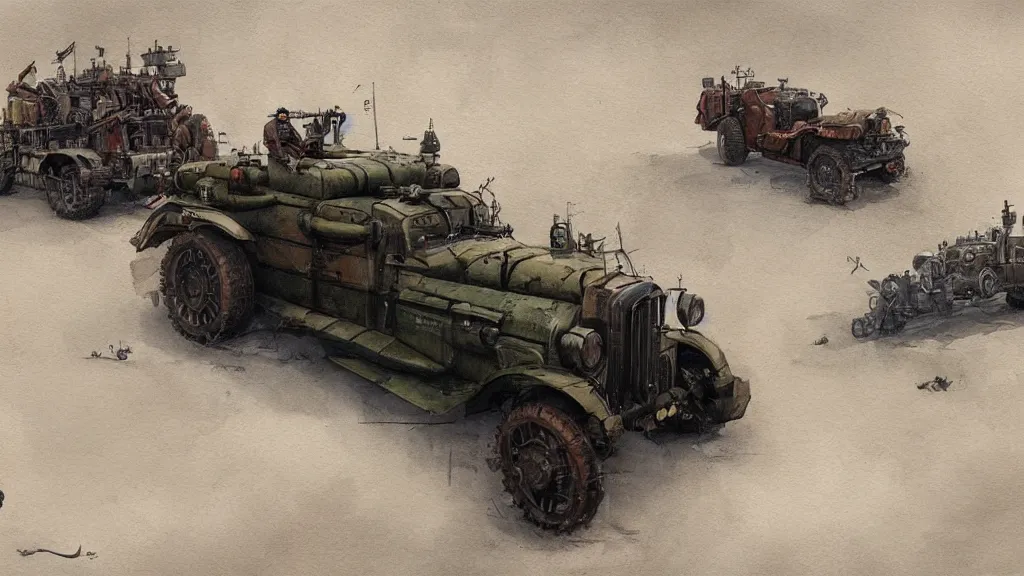 Prompt: overview of dieselpunk vehicles, watercolored, jakub rozalski, dark colours, dieselpunk, artstation