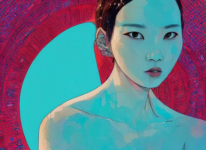 Image similar to lee jin - eun in luxurious dress emerging from turquoise water in egyptian pyramid city during an eclipse by conrad roset, m. k. kaluta, martine johanna, rule of thirds, elegant look, beautiful, chic, face anatomy, cute complexion