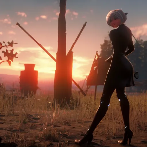 Image similar to Film still of 2B nier automata in Red Dead Redemption 2 (2018 video game), medium full shot, detailed skin and thick thighs, artstation, artstation hq, hd, 4k