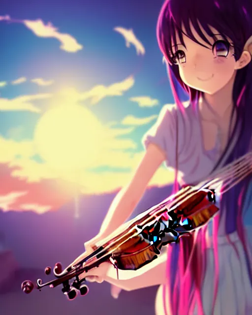 Image similar to anime style, creative, full body, a cute girl with white skin and long pink wavy hair holding a violin and playing a song, heavenly, stunning, realistic light and shadow effects, happy, centered, landscape shot, happy, simple background, studio ghibly makoto shinkai yuji yamaguchi