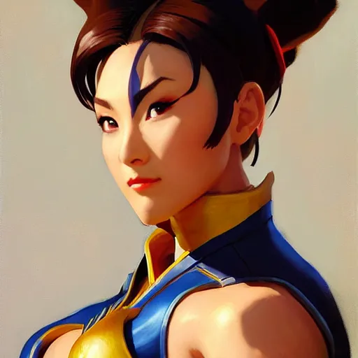 Image similar to greg manchess portrait painting of partially armored chun li from street fighter as overwatch character, medium shot, asymmetrical, profile picture, organic painting, sunny day, matte painting, bold shapes, hard edges, street art, trending on artstation, by huang guangjian and gil elvgren and gerald brom