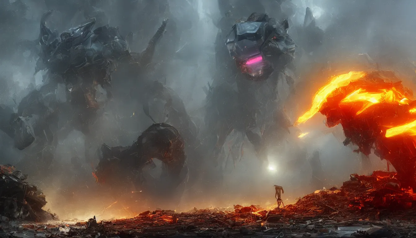 Image similar to ai limbo, gigantic robotic cat with red eyes walks in a trash heap in yellow mist, digital art, trending on artstation, 8k, epic composition, highly detailed,