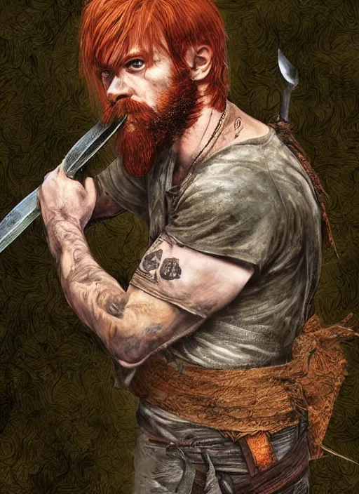 Image similar to grungy redhead 30-something scruffy bearded shoulder-length hair swordsman holding a short curved sword in a ultradetailed pacific northwest redcedar forest, smooth. sharp focus, grunge dingy high quality digital art detailed,