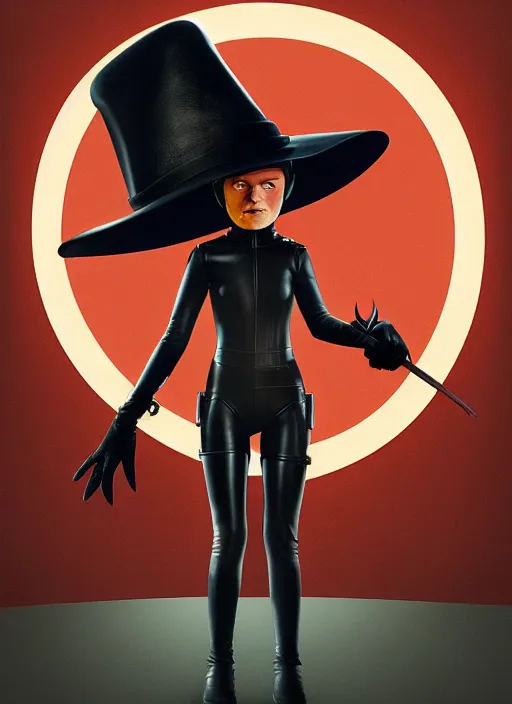 Prompt: perfectly centred realistic picture of a character dressed in leather tight suit and witch hat, dark, poster, ralph mcquarrie, simon stalenhag