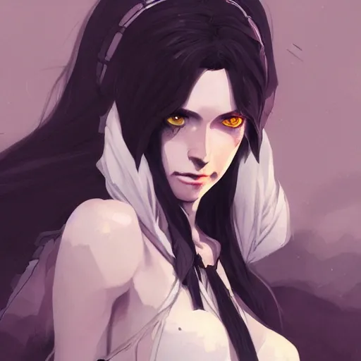 Image similar to female human vampire witch in the style of greg rutkowski, makoto shinkai, trending on artstation, character design, concept art, pretty face, highly detailed, long black hair, portrait, digital art