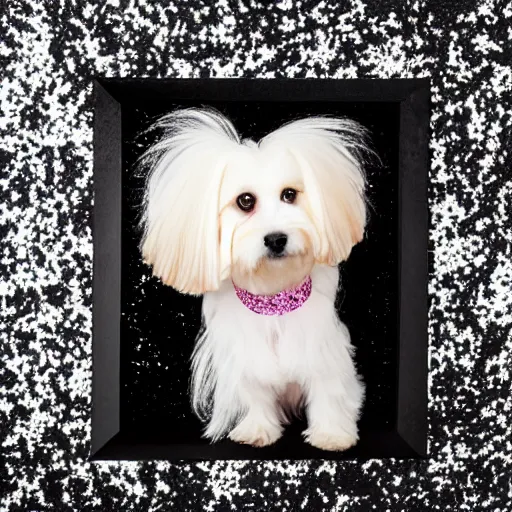 Image similar to a cream - colored havanese dog in a black and white sequined dress posing for a picture, a poster by david lachapelle, instagram contest winner, private press, tarot card, blueprint, black background