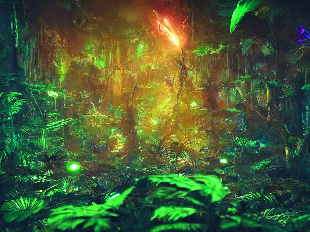 Prompt: psychedelic alien jungle at night, glowing alien plants, HD photography, artstation, cgsociety