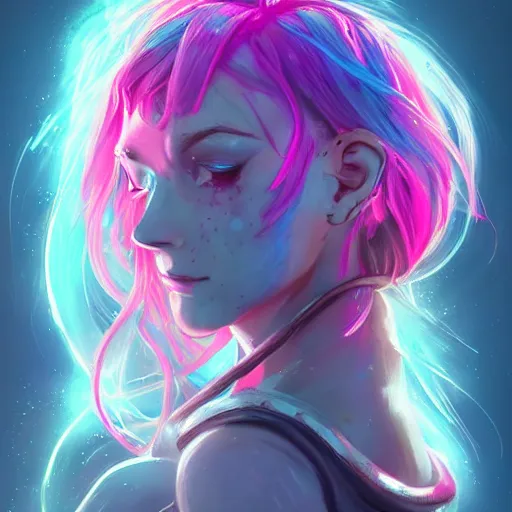 Image similar to art championship winner trending on artstation portrait of a goddess elven mecha warrior princess, head and shoulders, blue hair, matte print, pastel pink neon, cinematic highlights, lighting, digital art, cute freckles, digital painting, fan art, elegant, pixiv, by Ilya Kuvshinov, daily deviation, IAMAG, illustration collection aaaa updated watched premiere edition commission ✨✨✨ whilst watching fabulous artwork \ exactly your latest completed artwork discusses upon featured announces recommend achievement