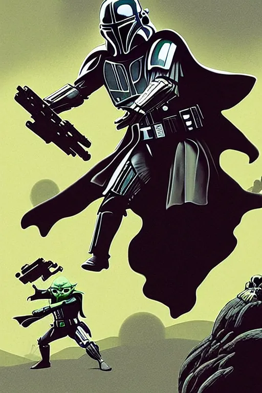 Prompt: platonic ideal of the mandalorian, baby yoda, stormtroopers, darth vader wearing a long flowing cape, action pose, intricate, volumetric lighting, moebius, geof darrow, frank miller, dan mumford, comic poster,