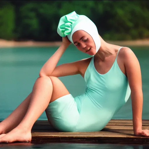 Image similar to a film photography of a woman slender, wearing a mint green one-piece swimsuit, wearing a white bathing cap, sitting on a wooden dock, Lying on back, perpendicular to the camera, 50mm medium shot, Kodak Portra 800, Leica M6 film camera, light film grain, Lying on back, perpendicular to the camera
